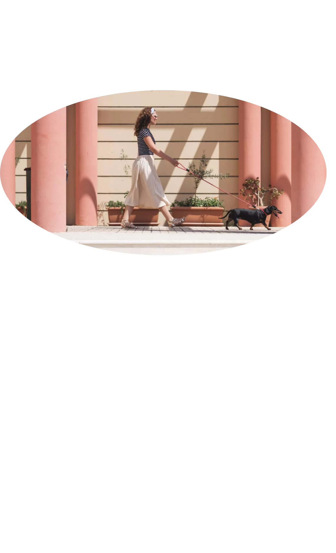 Woman walking a black dog past potted plants and pink columns.