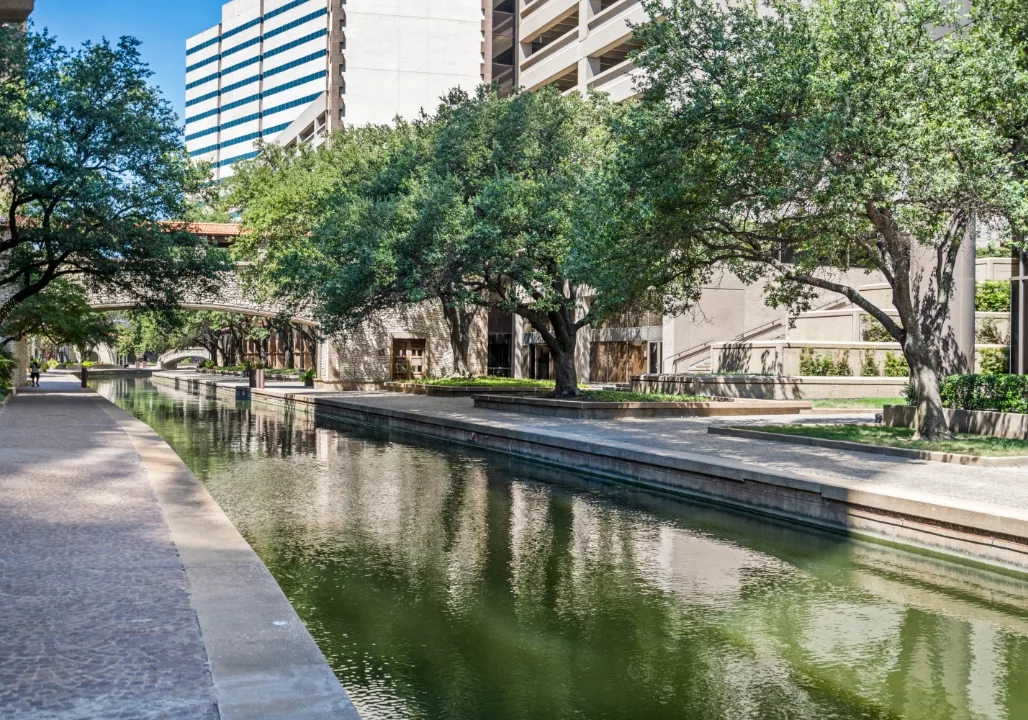 Tree-lined canal path with buildings and a bridge in the background.