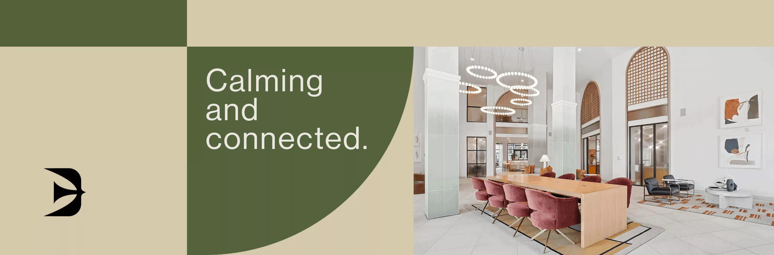 The words "Calming and connected" on the left side next to a photo of an apartment building lobby with white walls, modern light fixtures, and a long table with red velvet chairs.
