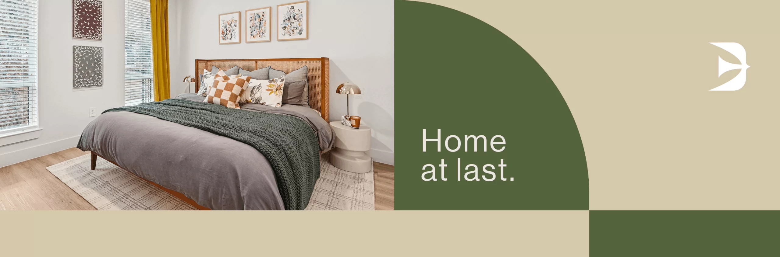A photo of a bedroom to the left of text that says "Home at last" on a green background.
